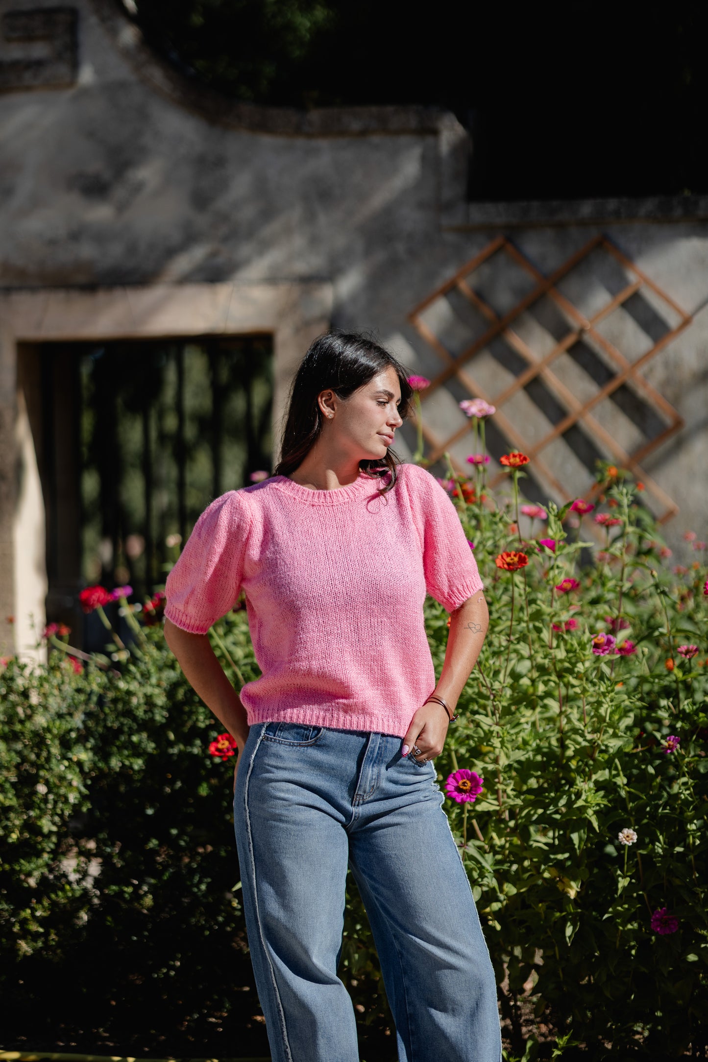 Pull Rose à manches bouffantes