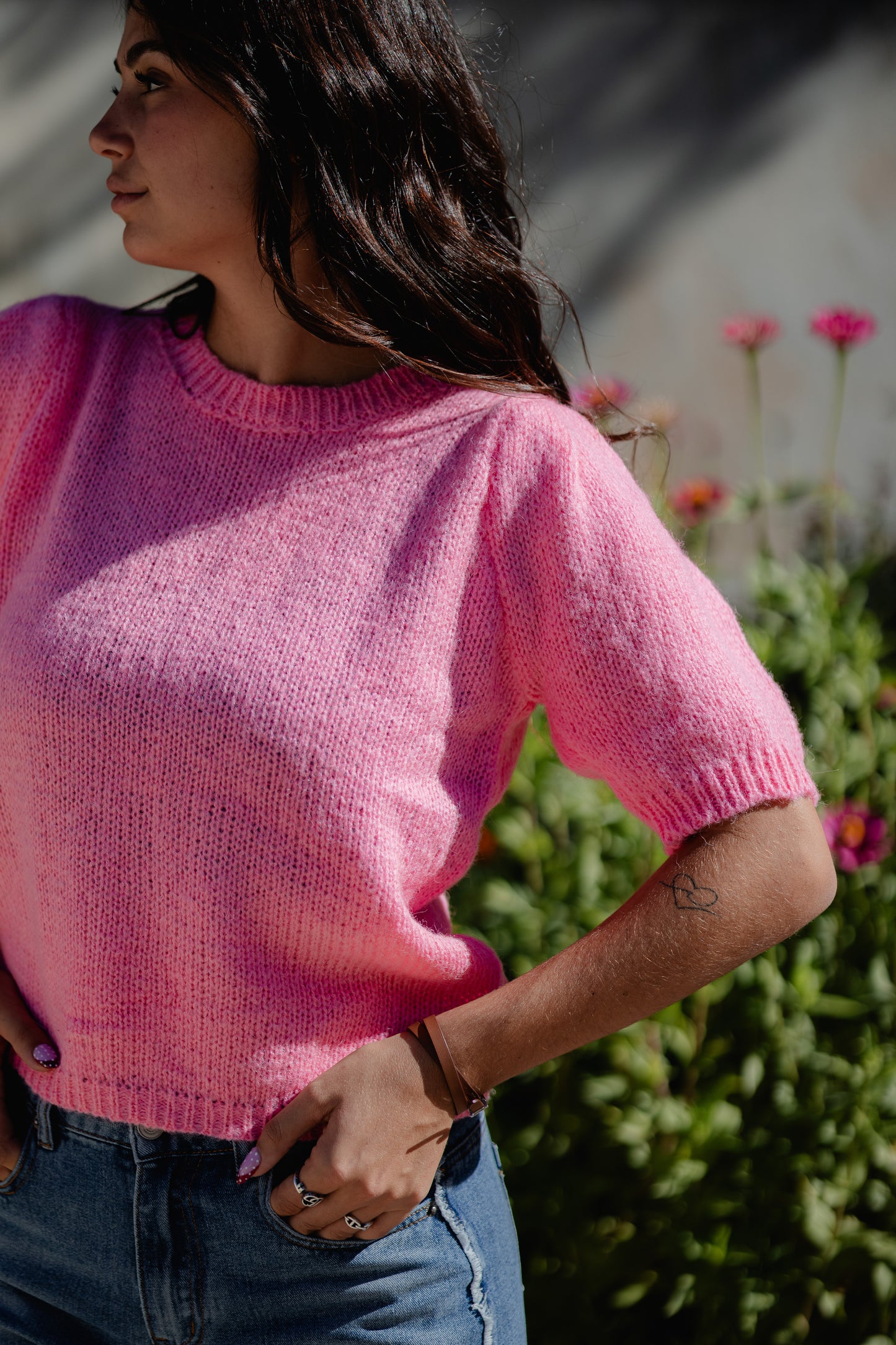 Pull Rose à manches bouffantes