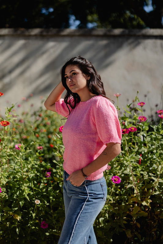 Pull Rose à manches bouffantes